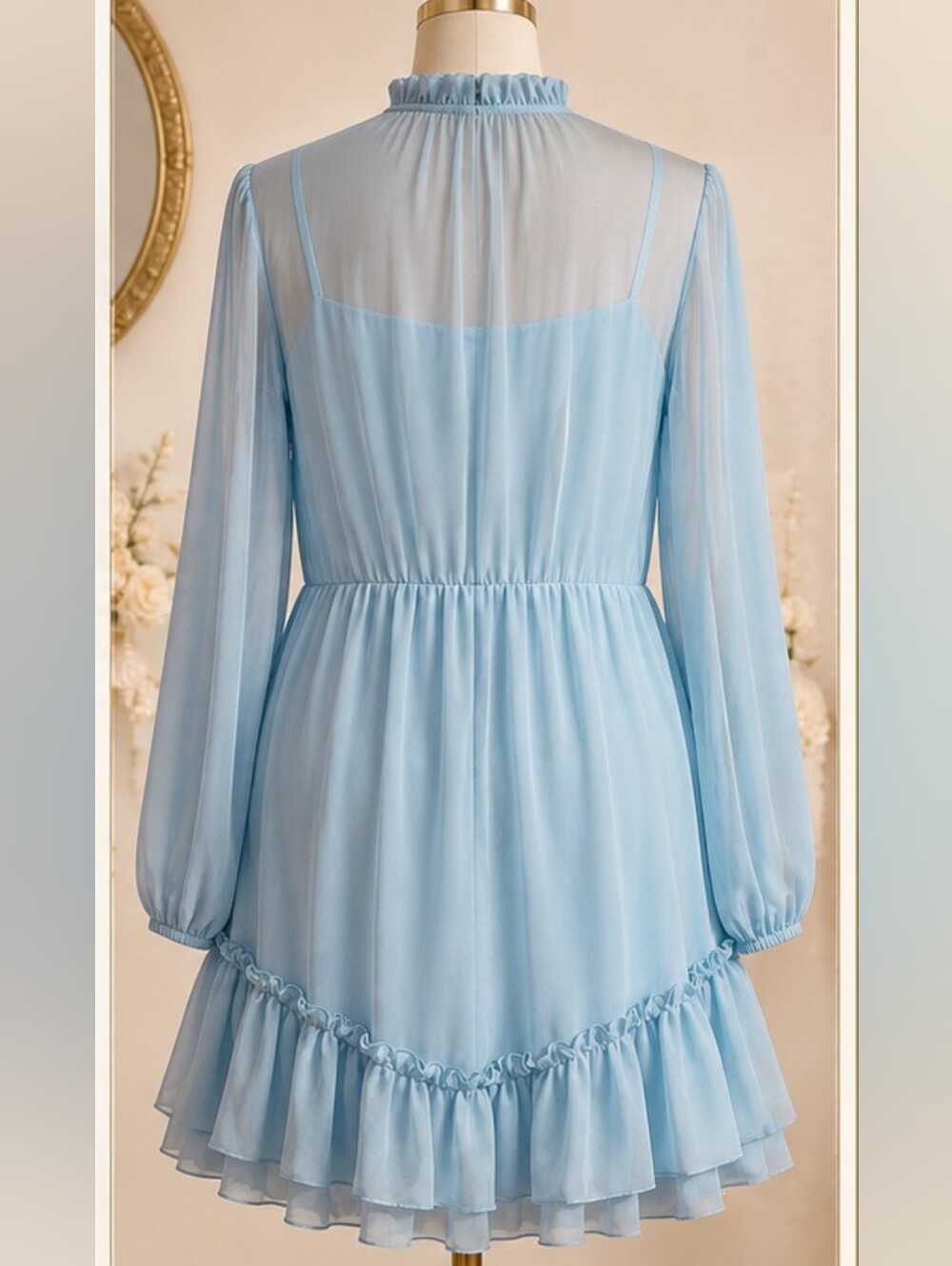 Sky Blue Chiffon Ruffle Mini Dress Sheer Long Sleeve Ruched Waist XL - Picture 3 of 3